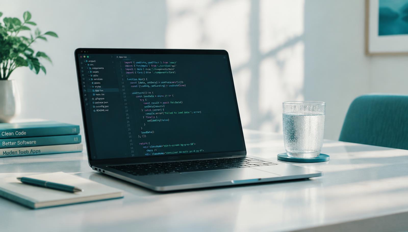 A laptop showing clean code on a bright desk with a glass of dew-fresh water — the DewCode developer workspace